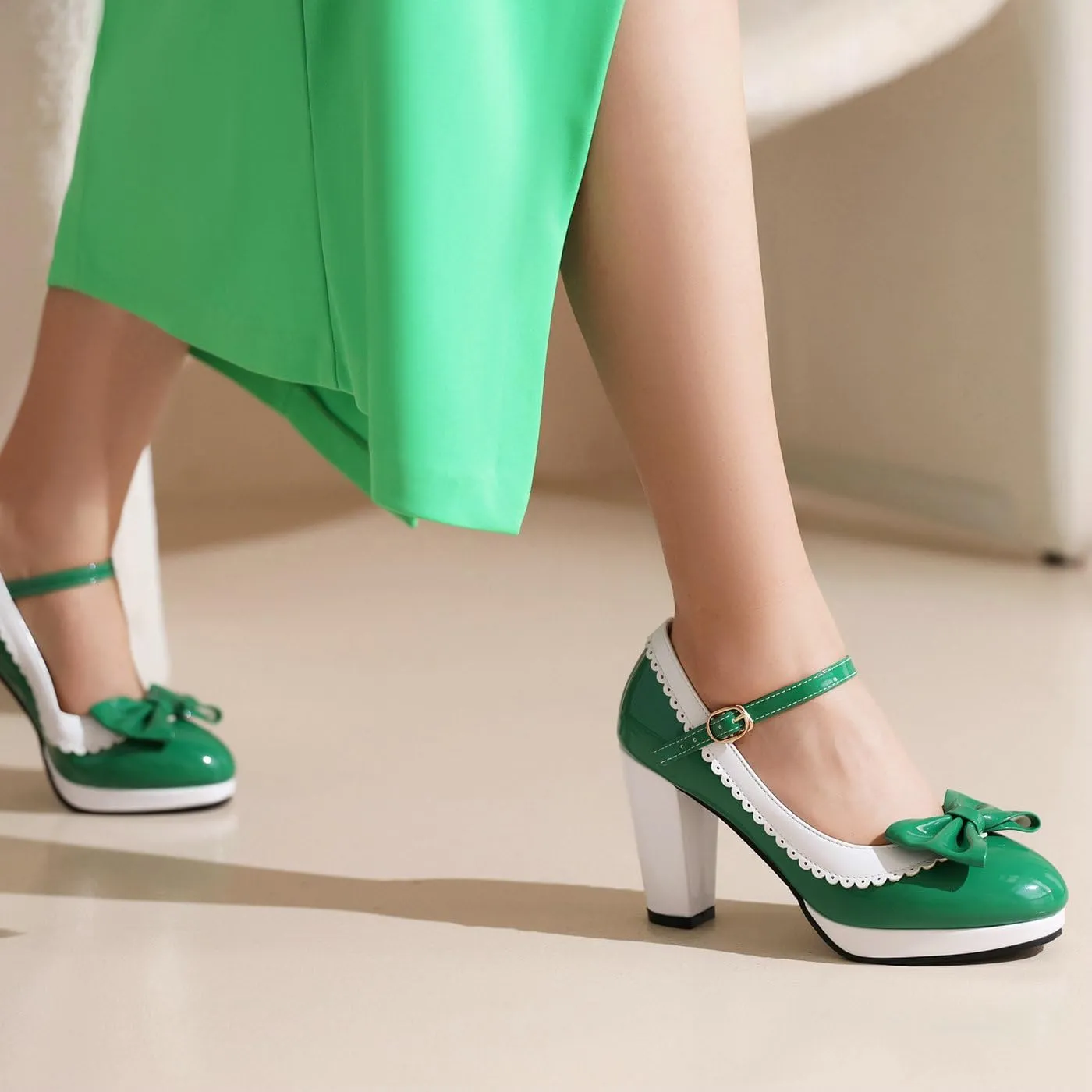 Women's Mary Jane Shoes Chunky Block High Heels Pumps Platform Buckle Strap Round Toe Shoes