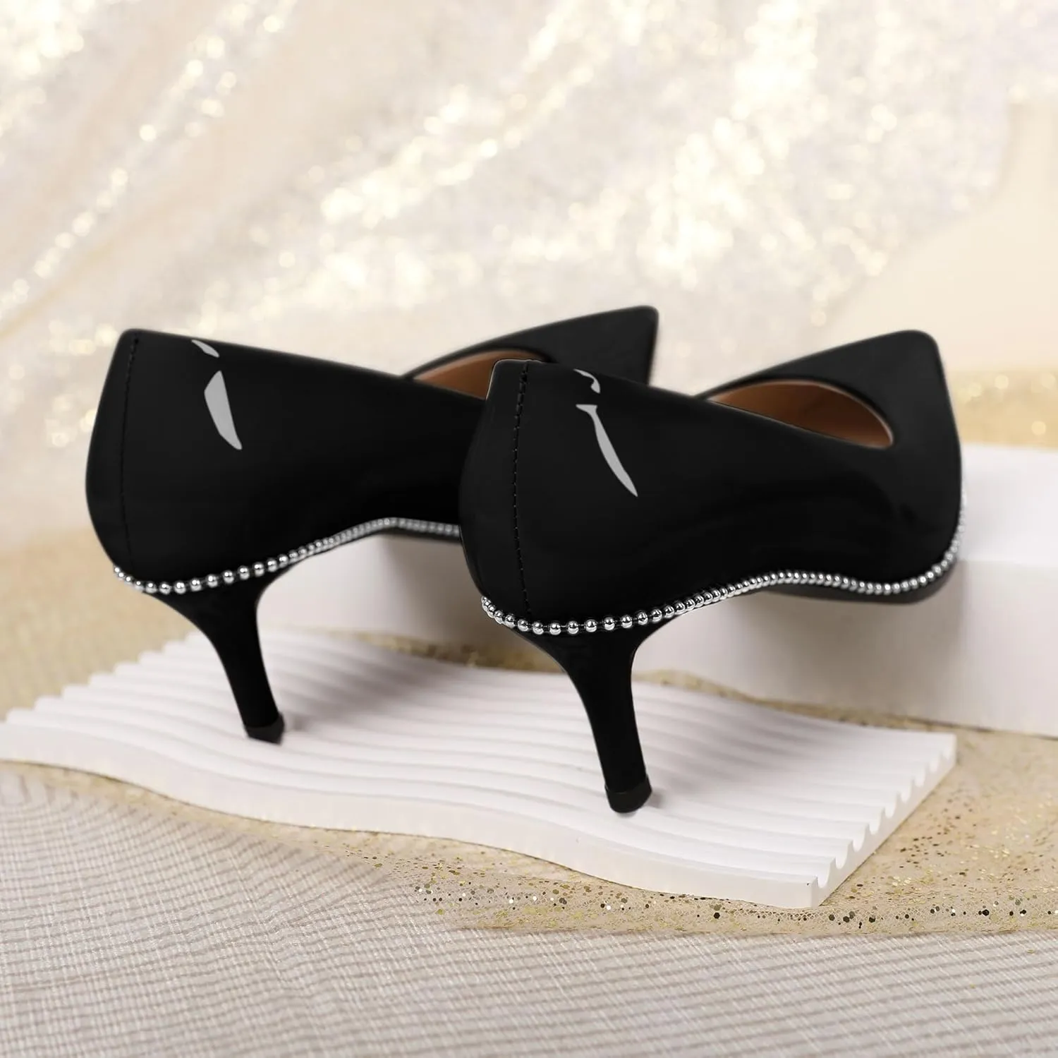 Women's Mid Stiletto Heels Low Kitten Heels Closed Pointey Toe Pumps Slip-on Sliver Beads Pumps Ladies Work Office Dress Shoes 2.5 Inches