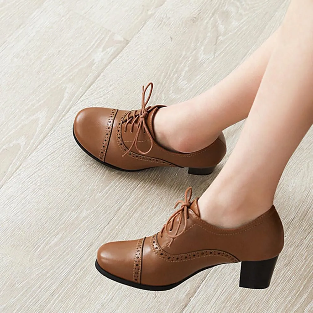 Women's Oxfords Wingtip Lace Up Chunky High Heels Pumps Square Closed Toe Vintage Brogue Dress Shoes