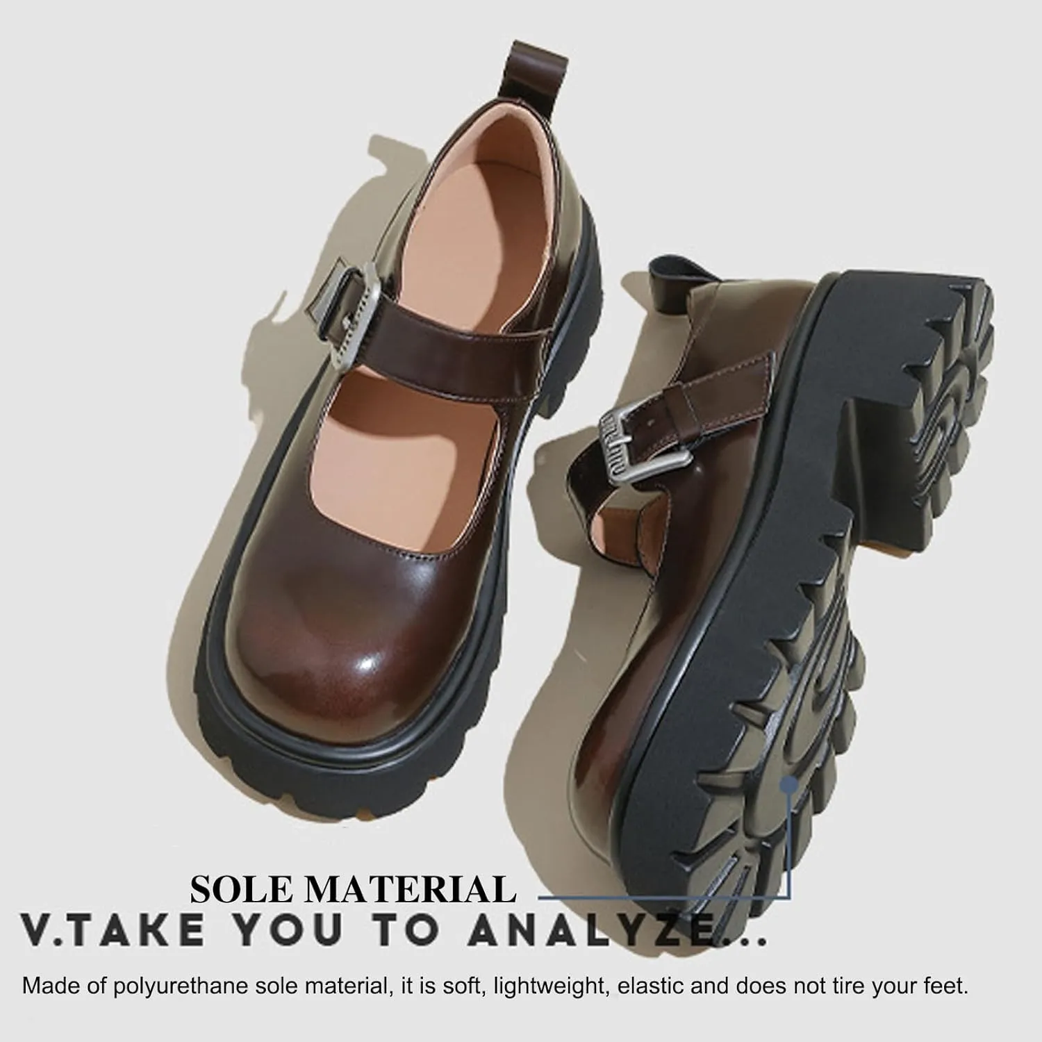 Women's Platform Ankle Strap Mary Janes Low Heel Chunky Pumps Comfortable Round Toe Lug Sole Dress Shoes Casual Fashion Oxfords