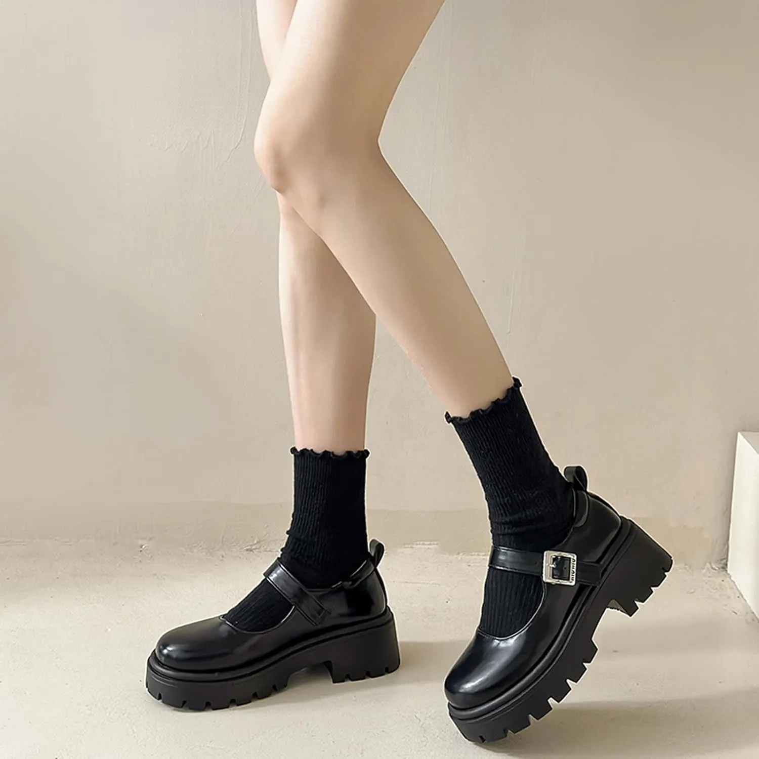 Women's Platform Ankle Strap Mary Janes Low Heel Chunky Pumps Comfortable Round Toe Lug Sole Dress Shoes Casual Fashion Oxfords