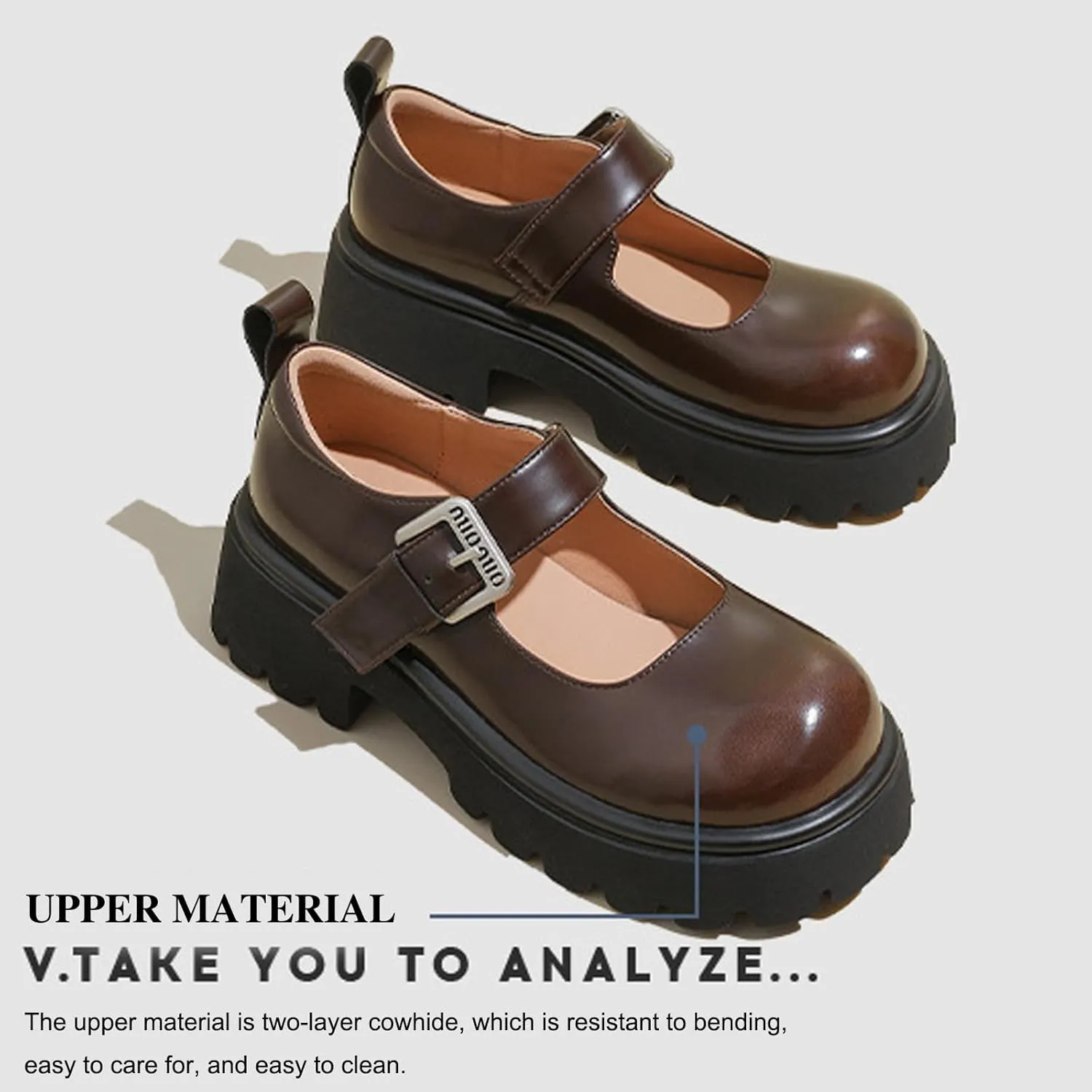 Women's Platform Ankle Strap Mary Janes Low Heel Chunky Pumps Comfortable Round Toe Lug Sole Dress Shoes Casual Fashion Oxfords