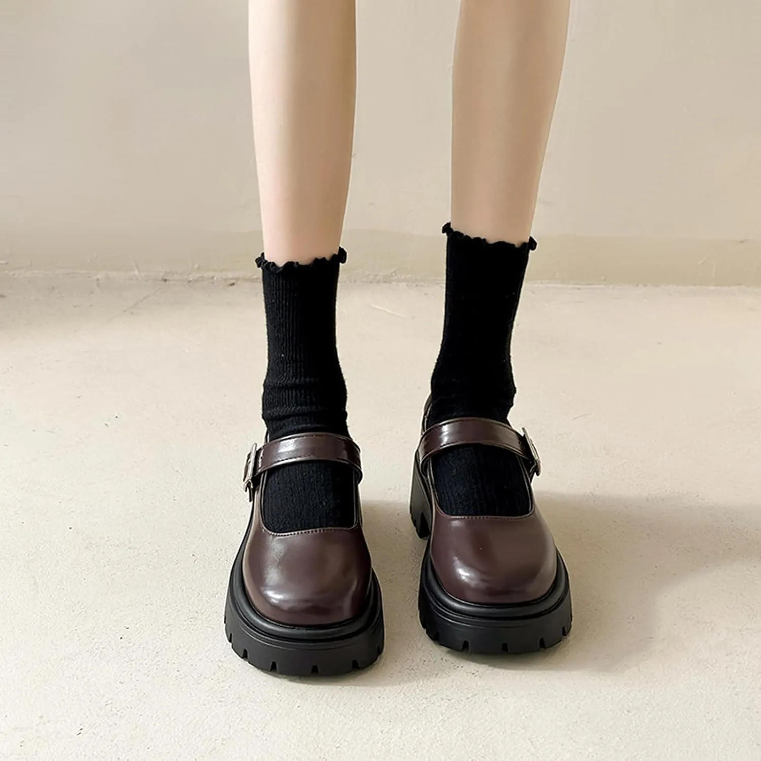 Women's Platform Ankle Strap Mary Janes Low Heel Chunky Pumps Comfortable Round Toe Lug Sole Dress Shoes Casual Fashion Oxfords