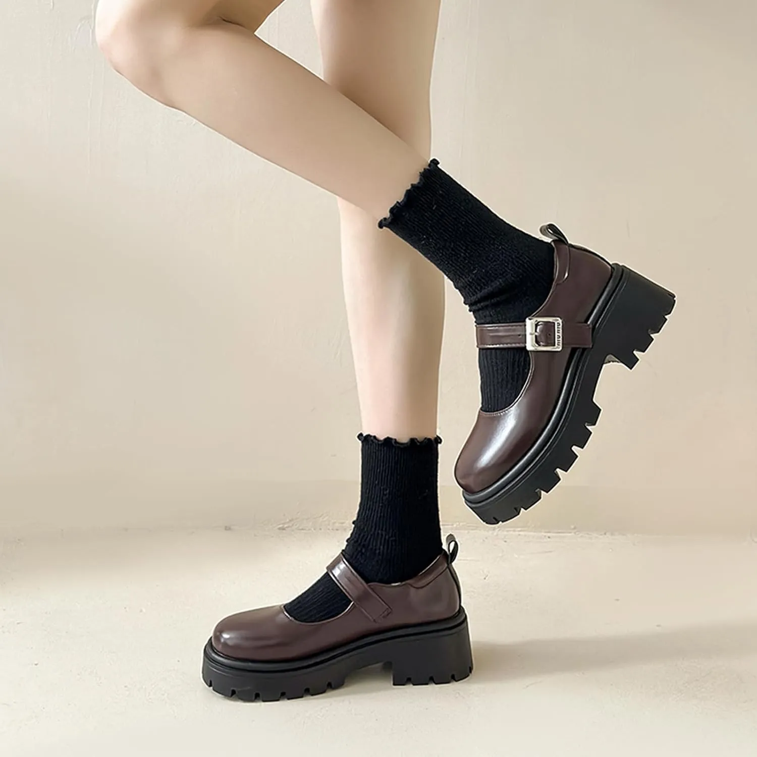 Women's Platform Ankle Strap Mary Janes Low Heel Chunky Pumps Comfortable Round Toe Lug Sole Dress Shoes Casual Fashion Oxfords