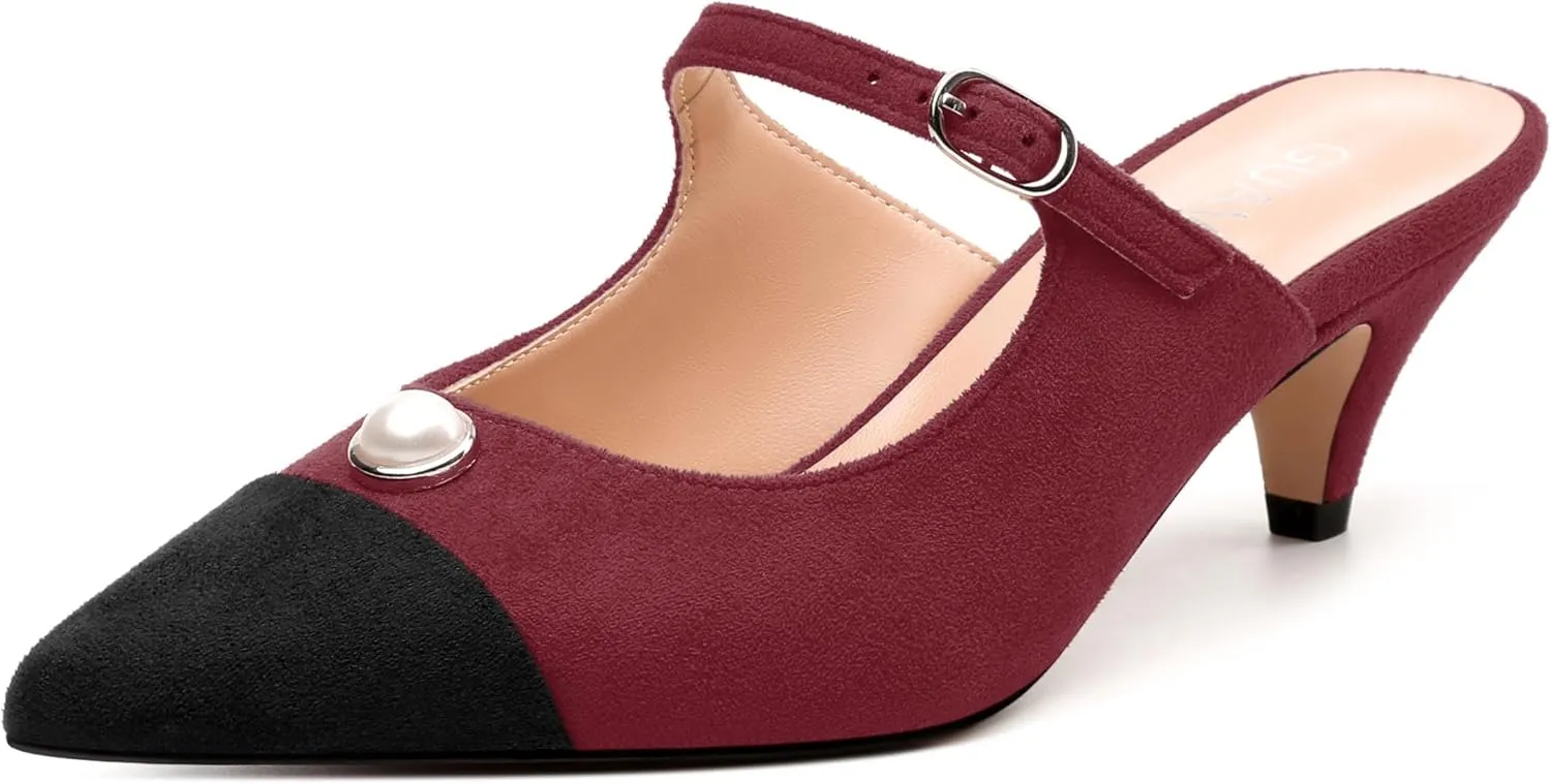 Women's Sandals, Pointed Toe Low Kitten Heels, Two Toned Patchwork Fashion Backstrap Buckle Slide Sandal for Working Wedding Party