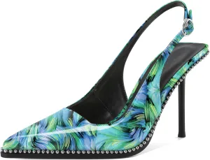 Women's Slingback Pumps Pointed Toe High Stiletto Heels Backless Stretch Beaded Heels 4.2 Inch Dress Pumps Shoes