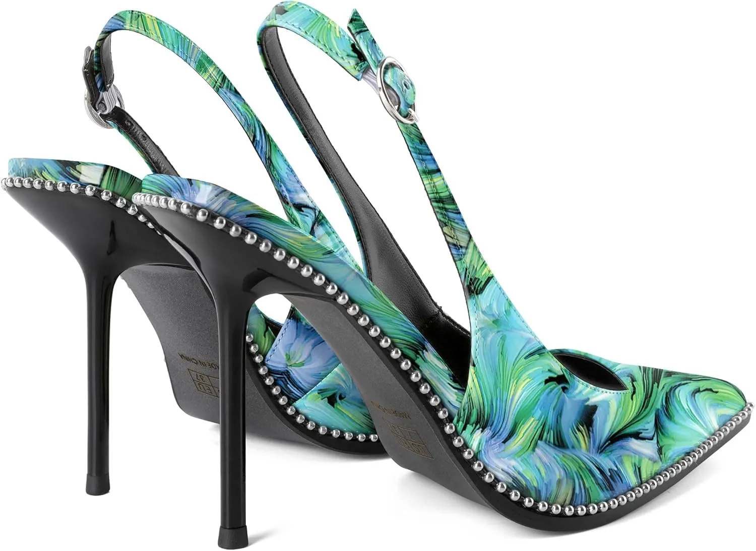 Women's Slingback Pumps Pointed Toe High Stiletto Heels Backless Stretch Beaded Heels 4.2 Inch Dress Pumps Shoes