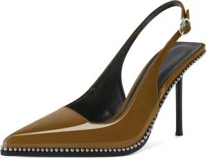 Women's Slingback Pumps Pointed Toe High Stiletto Heels Backless Stretch Beaded Heels 4.2 Inch Dress Pumps Shoes