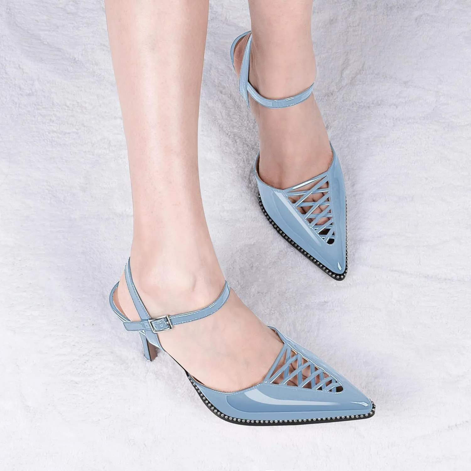 Women's Stilettos High Heel Ankle Strap Pumps Hollow Out Pointed Toe Bead Dress Shoes