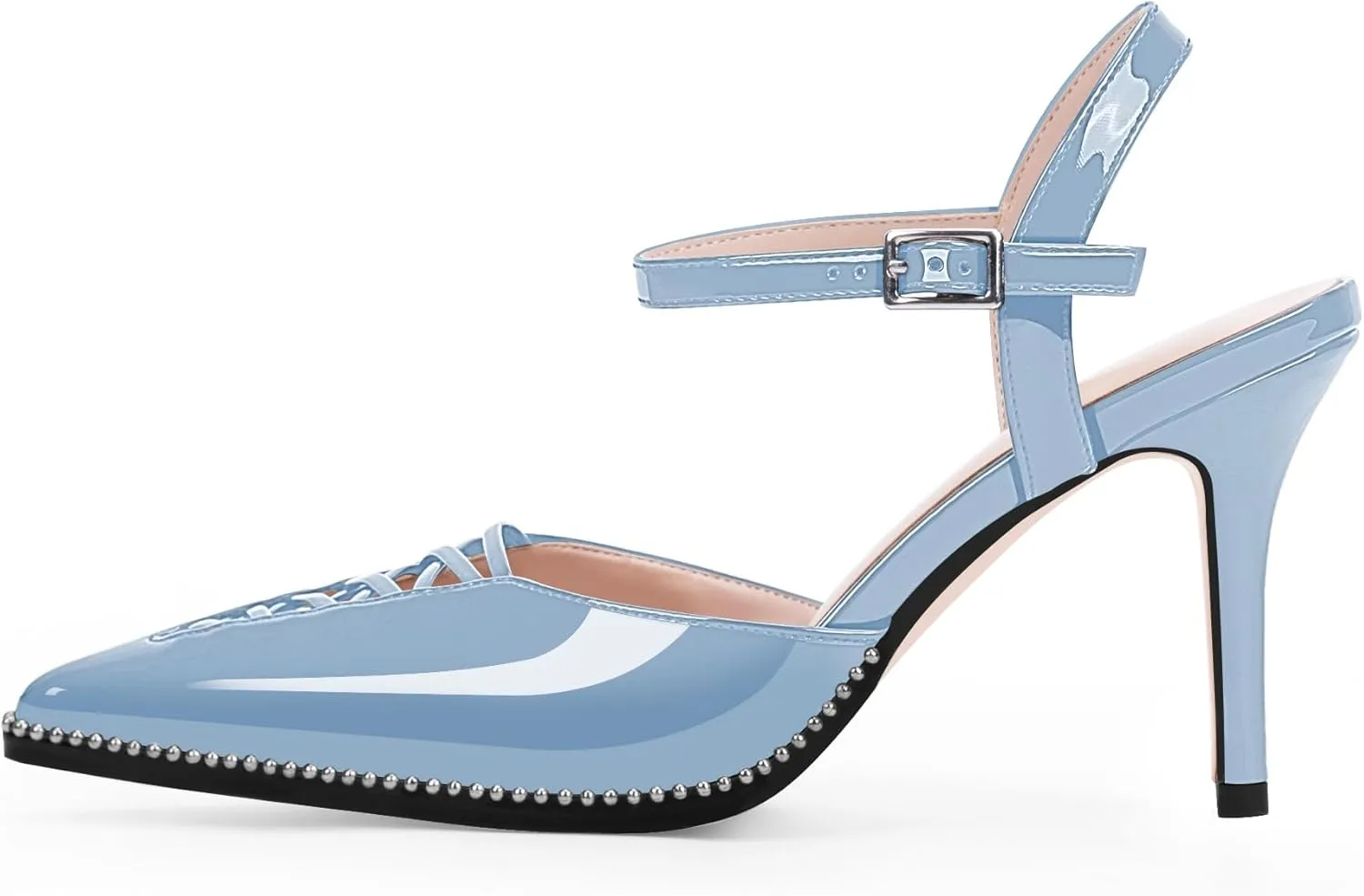 Women's Stilettos High Heel Ankle Strap Pumps Hollow Out Pointed Toe Bead Dress Shoes