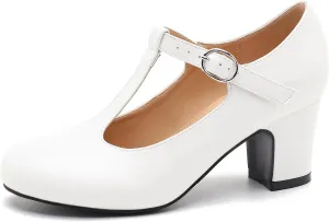 Women's T Strap Mary Jane Chunky Heel Low Block Pumps Round Toe Dress Office Work Shoes