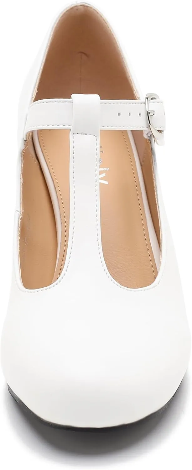 Women's T Strap Mary Jane Chunky Heel Low Block Pumps Round Toe Dress Office Work Shoes