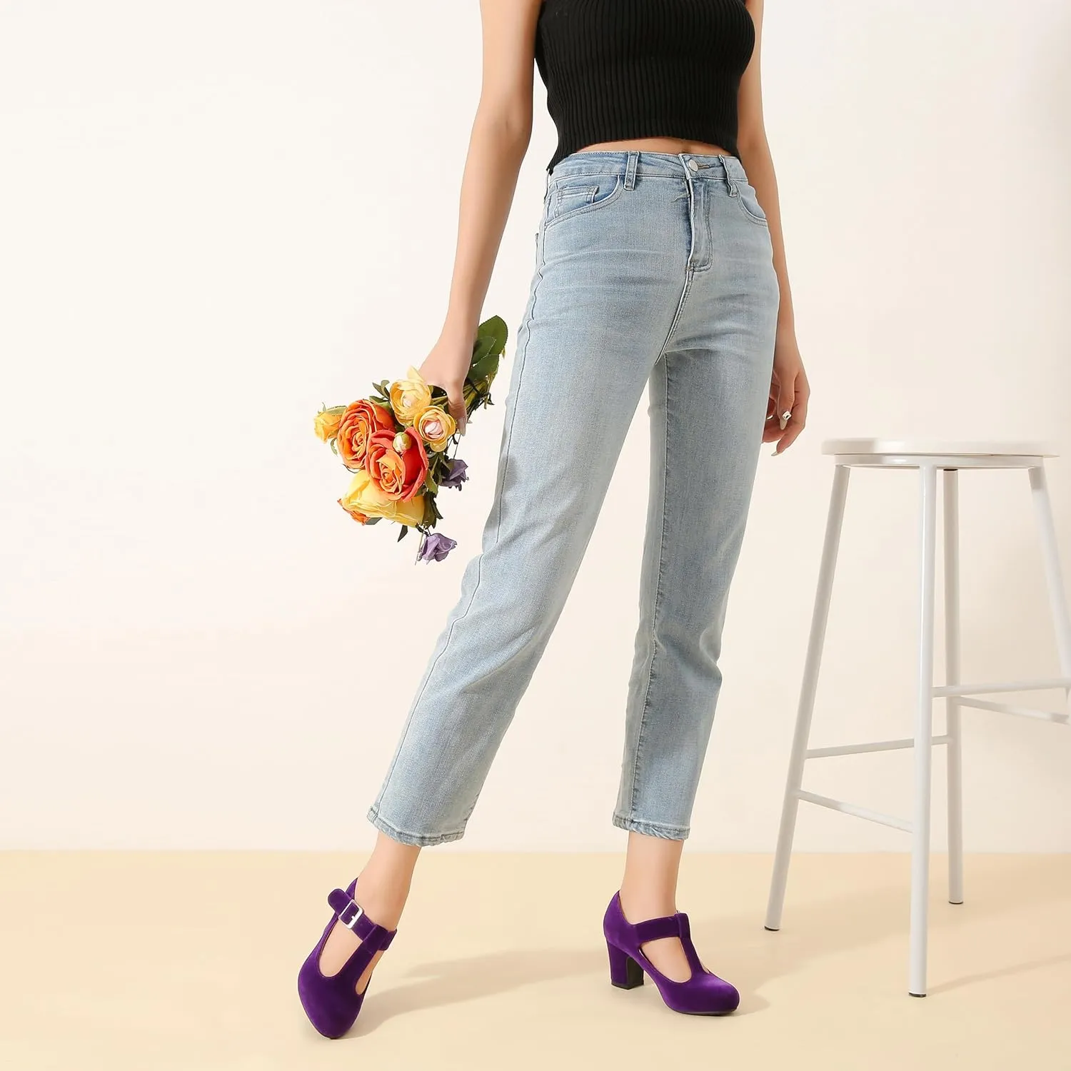 Women's T-Strap Mary Jane Pumps Low Block Chunky Heels Closed Round Toe Dress Wedding Office Work Shoes
