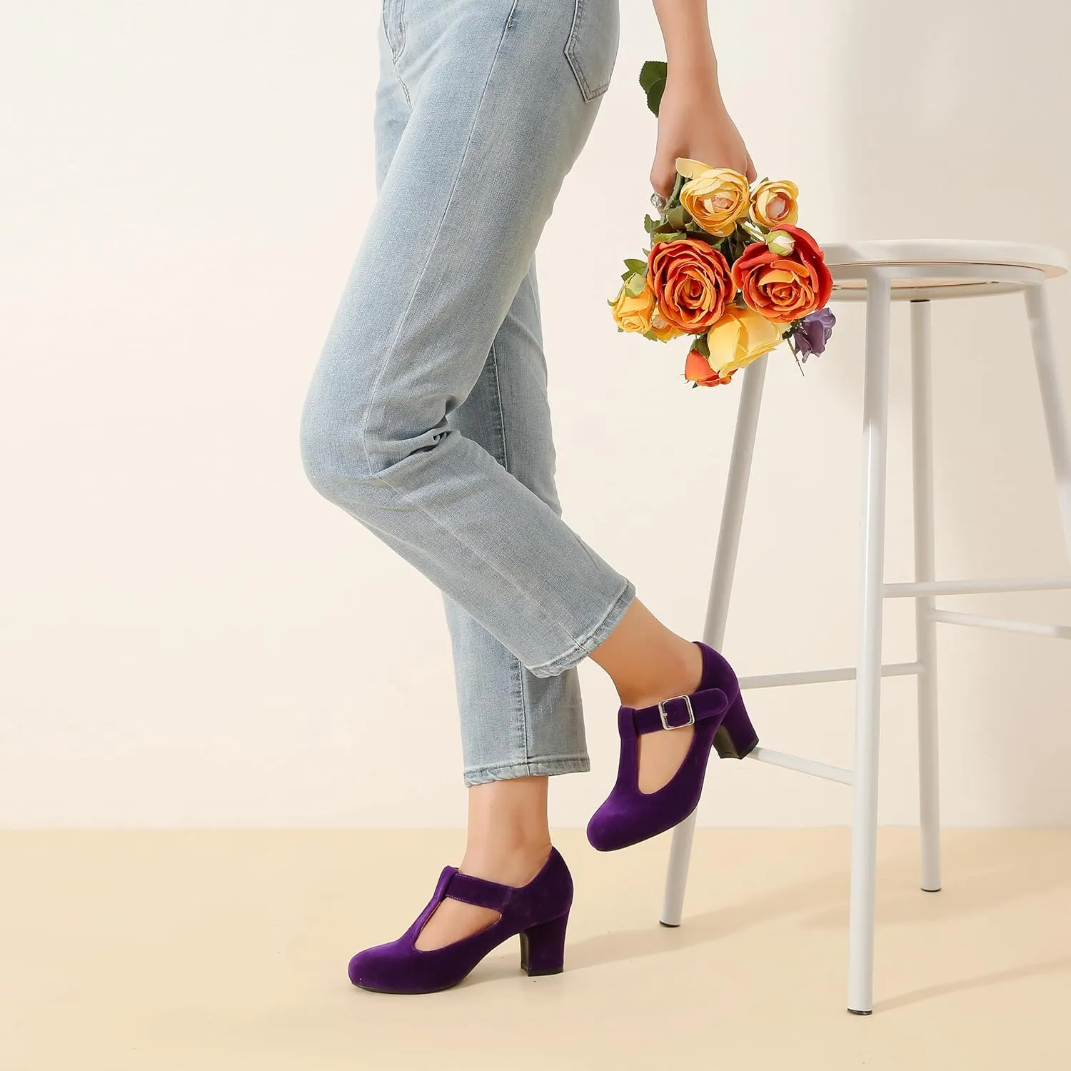 Women's T-Strap Mary Jane Pumps Low Block Chunky Heels Closed Round Toe Dress Wedding Office Work Shoes