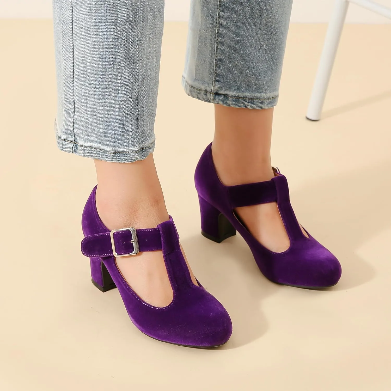 Women's T-Strap Mary Jane Pumps Low Block Chunky Heels Closed Round Toe Dress Wedding Office Work Shoes