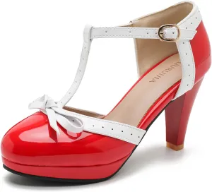 Womens T-Strap Mary Janes Platform Bow Heels Lolita Shoes Round Toe Ankle Strap Vintage 1950 Dress Shoes Oxfords Pumps