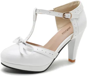 Womens T-Strap Mary Janes Platform Bow Heels Lolita Shoes Round Toe Ankle Strap Vintage 1950 Dress Shoes Oxfords Pumps