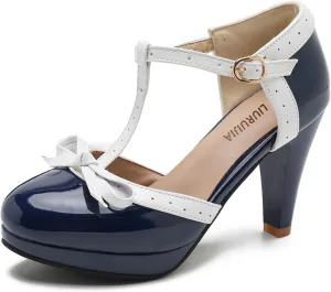 Womens T-Strap Mary Janes Platform Bow Heels Lolita Shoes Round Toe Ankle Strap Vintage 1950 Dress Shoes Oxfords Pumps