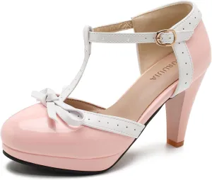 Womens T-Strap Mary Janes Platform Bow Heels Lolita Shoes Round Toe Ankle Strap Vintage 1950 Dress Shoes Oxfords Pumps