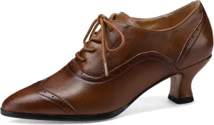 Women's Vintage Leather Wingtip Oxfords, Comfortable Lace-Up Shoes for Walking and Work, 2-Inch French Heel and Pointed Toe