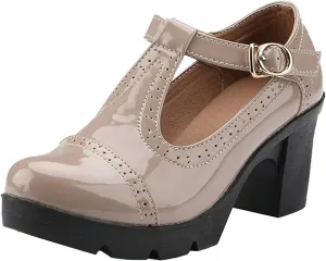 Women's Vintage T-Strap Brogue Dress Shoes Chunky Mid-Heel Oxfords Saddle Shoes