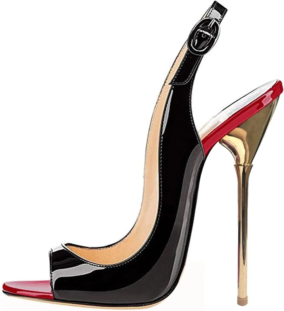 XYD Women Classic Peep Open Toe Pumps Slingback Metal Stiletto Heels 12CM Slip On Event Party Pumps Shoes