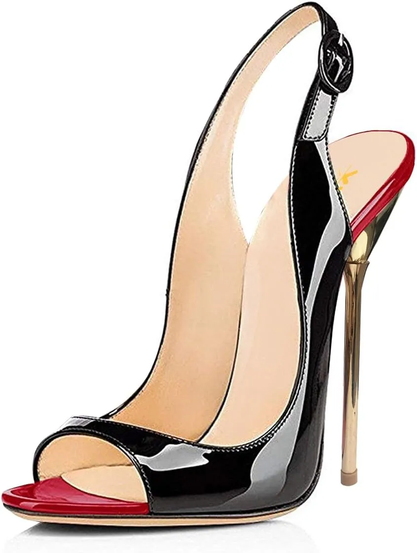XYD Women Classic Peep Open Toe Pumps Slingback Metal Stiletto Heels 12CM Slip On Event Party Pumps Shoes