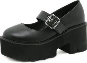YIYA Women's Pumps Platform Gothic Lolita Shoes Ankle Strap Buckle Chunky Heels Black Mary Jane Pumps for Women
