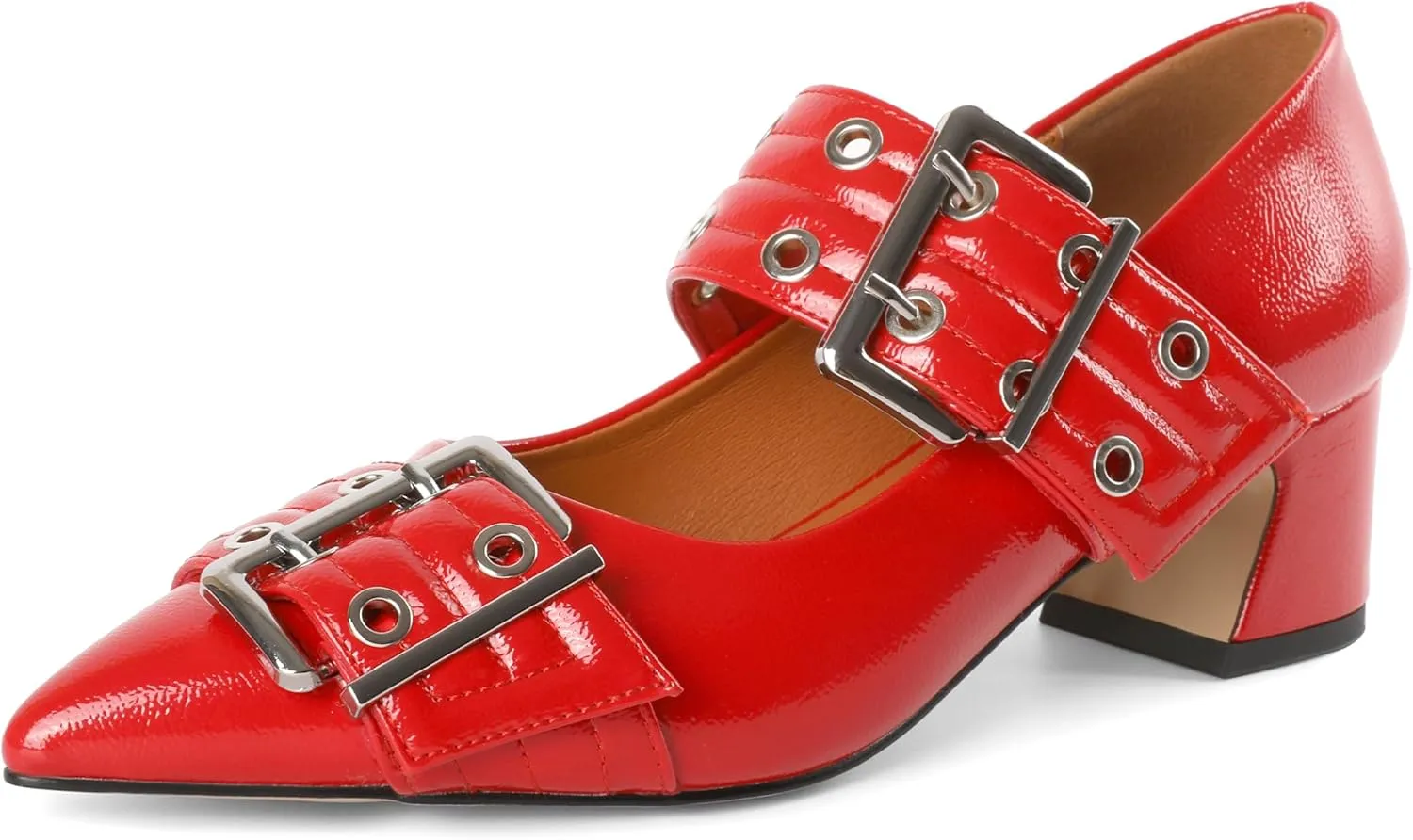 YODEKS Women Low Block Heel Pumps 2 Inch Heels Pointed Toe Eyelets Belt Strap Buckle Shoes Size 6-12