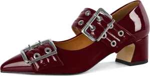 YODEKS Women Low Block Heel Pumps 2 Inch Heels Pointed Toe Eyelets Belt Strap Buckle Shoes Size 6-12