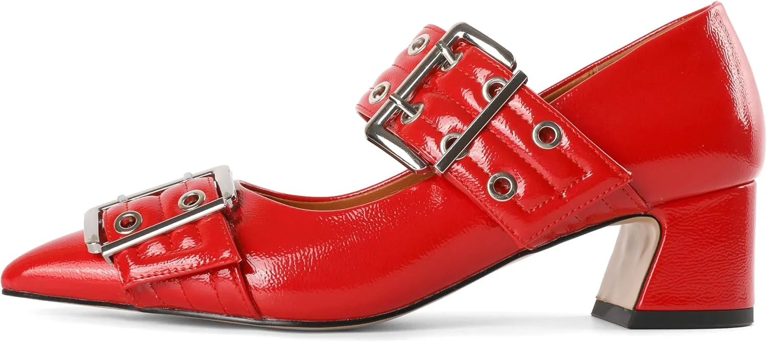 YODEKS Women Low Block Heel Pumps 2 Inch Heels Pointed Toe Eyelets Belt Strap Buckle Shoes Size 6-12