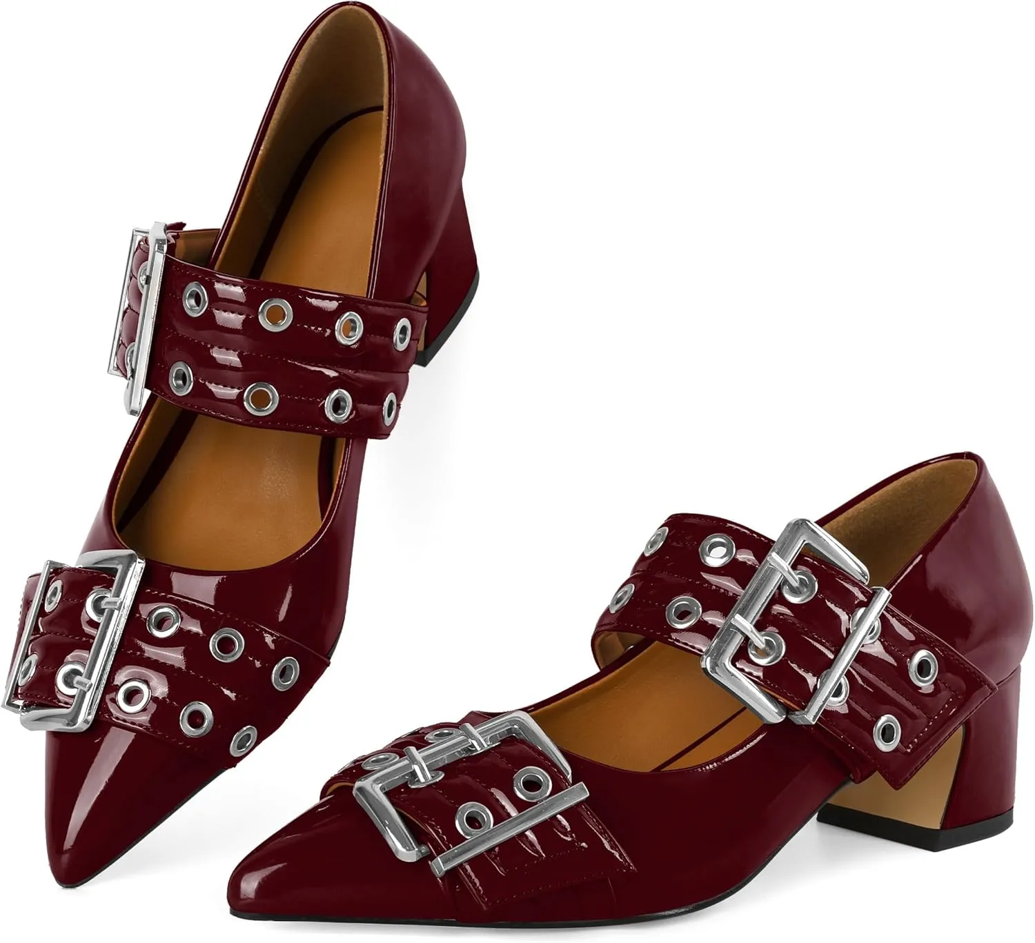 YODEKS Women Low Block Heel Pumps 2 Inch Heels Pointed Toe Eyelets Belt Strap Buckle Shoes Size 6-12