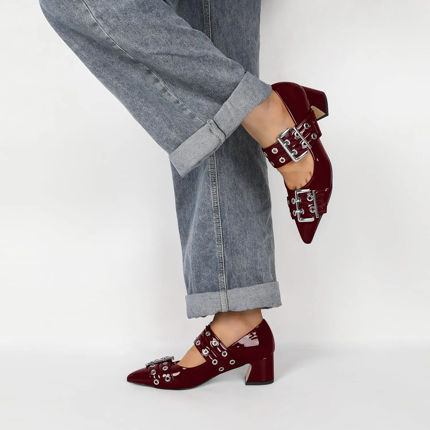 YODEKS Women Low Block Heel Pumps 2 Inch Heels Pointed Toe Eyelets Belt Strap Buckle Shoes Size 6-12