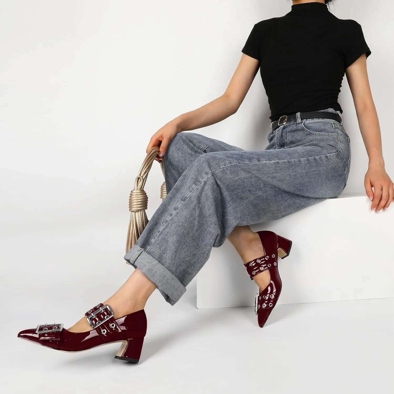 YODEKS Women Low Block Heel Pumps 2 Inch Heels Pointed Toe Eyelets Belt Strap Buckle Shoes Size 6-12