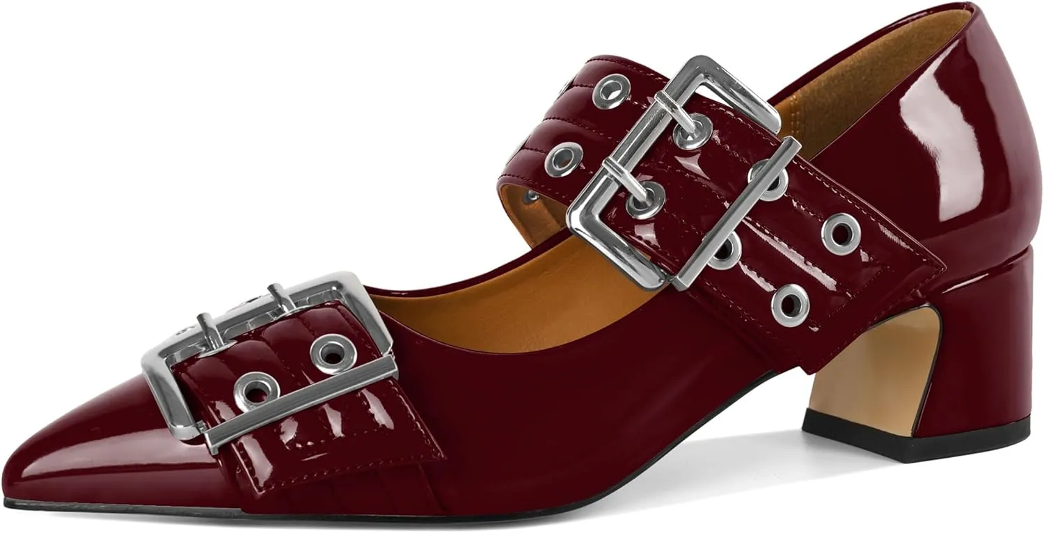 YODEKS Women Low Block Heel Pumps 2 Inch Heels Pointed Toe Eyelets Belt Strap Buckle Shoes Size 6-12