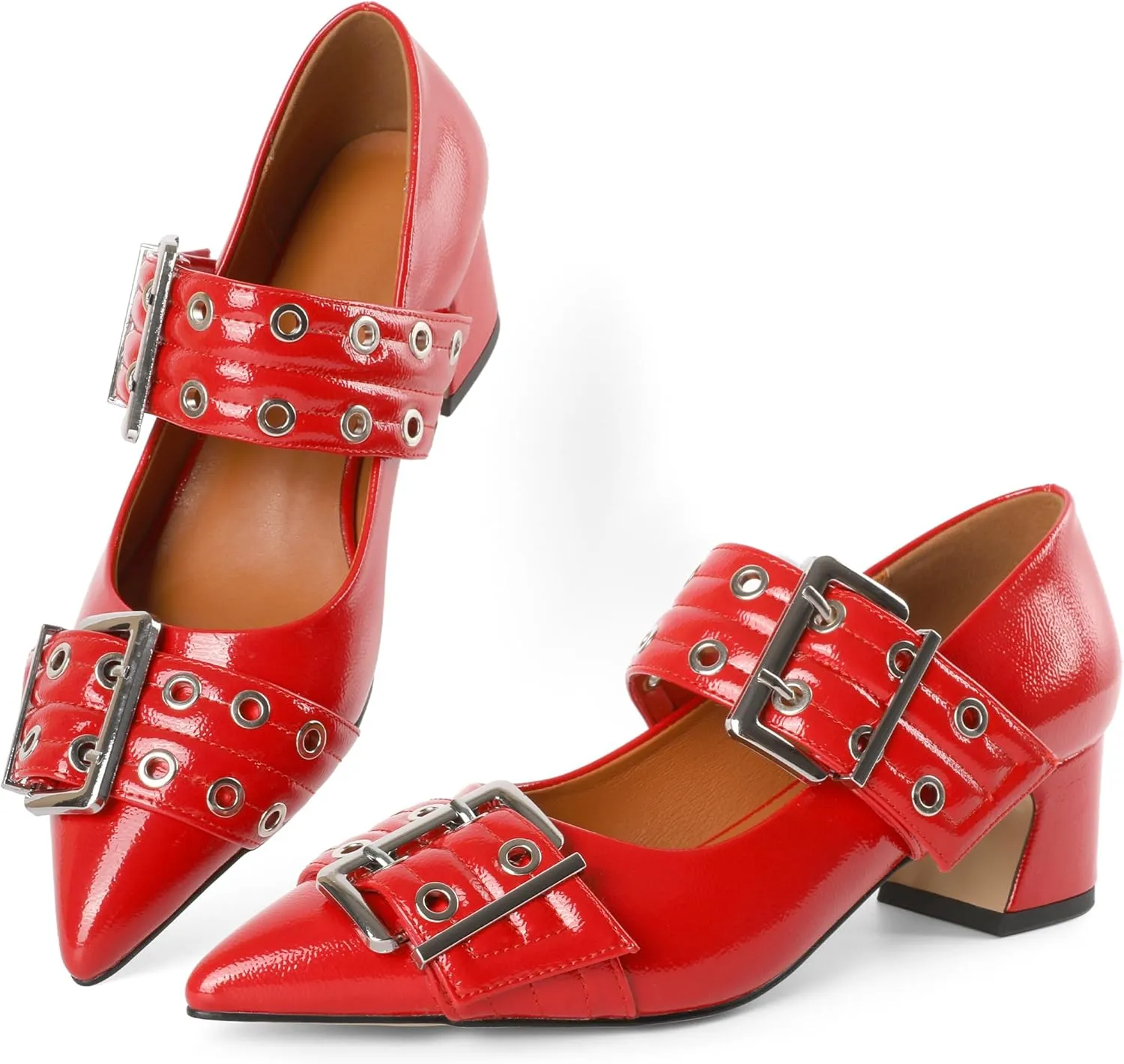 YODEKS Women Low Block Heel Pumps 2 Inch Heels Pointed Toe Eyelets Belt Strap Buckle Shoes Size 6-12
