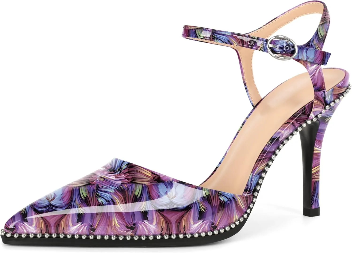 YODEKS Women's Ankle Strap Slingback Heels Pointed Toe Beaded High Heel Pumps 3.5 Inch Shoes Size 5-13
