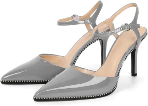 YODEKS Women's Ankle Strap Slingback Heels Pointed Toe Beaded High Heel Pumps 3.5 Inch Shoes Size 5-13