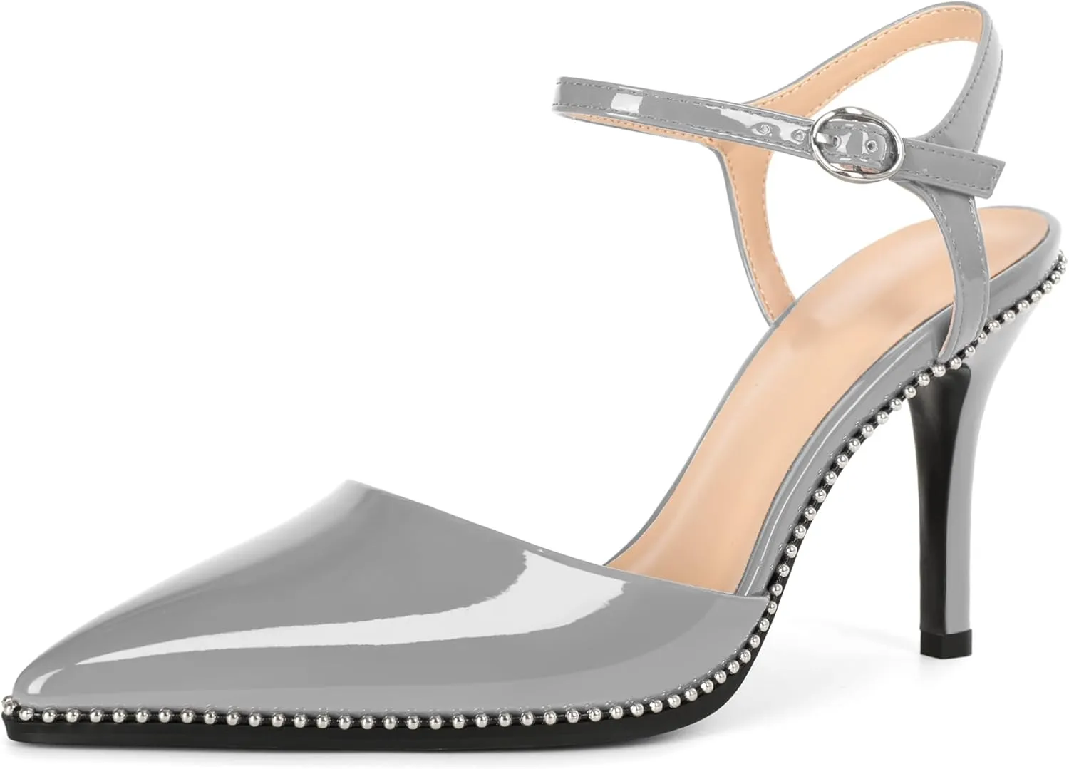 YODEKS Women's Ankle Strap Slingback Heels Pointed Toe Beaded High Heel Pumps 3.5 Inch Shoes Size 5-13