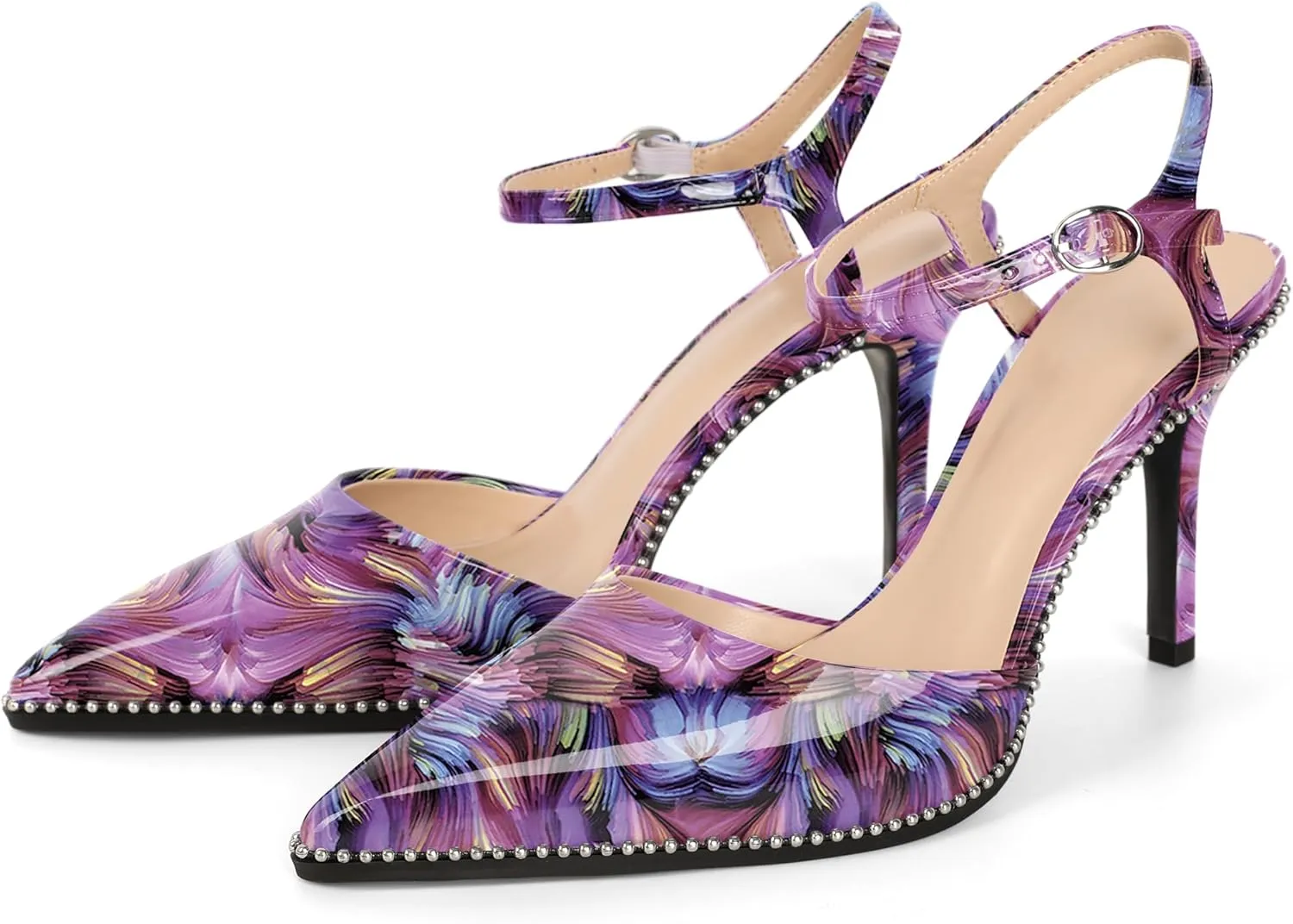 YODEKS Women's Ankle Strap Slingback Heels Pointed Toe Beaded High Heel Pumps 3.5 Inch Shoes Size 5-13