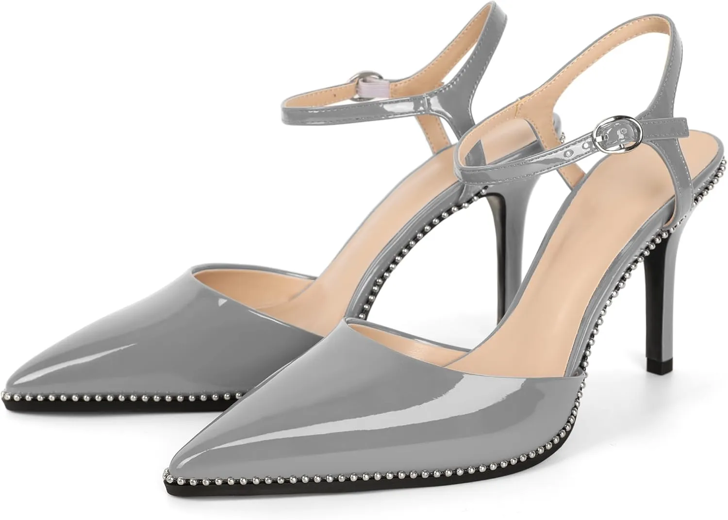 YODEKS Women's Ankle Strap Slingback Heels Pointed Toe Beaded High Heel Pumps 3.5 Inch Shoes Size 5-13
