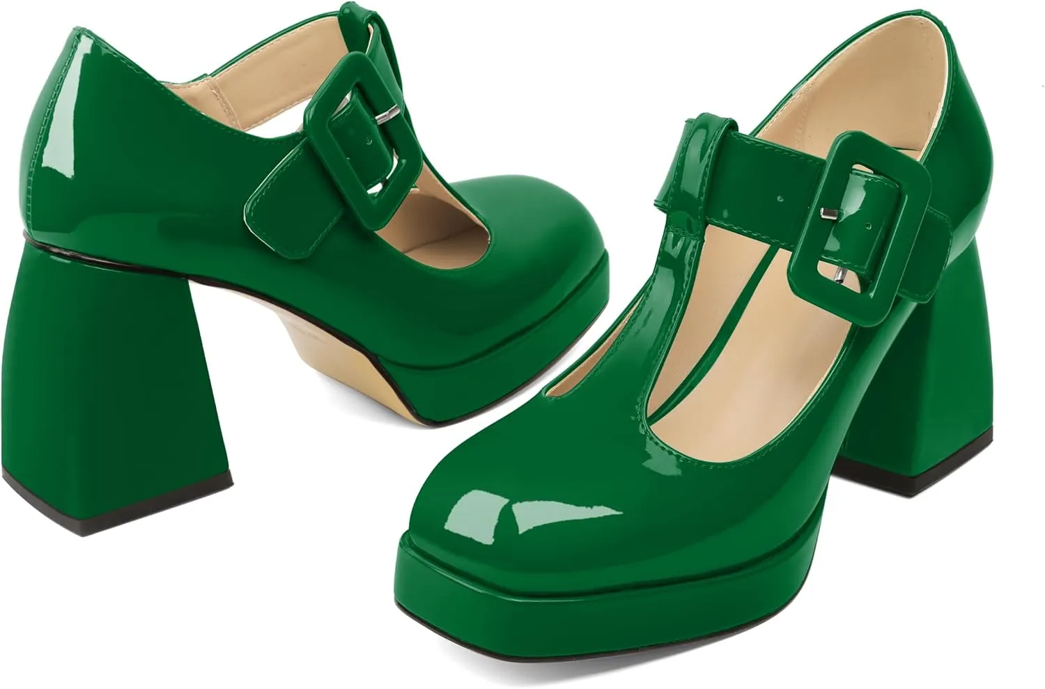 YODEKS Women's High Heels Square Toe Mary Jane Pumps Chunky Heel Platform Dress Shoes