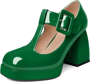 YODEKS Women's High Heels Square Toe Mary Jane Pumps Chunky Heel Platform Dress Shoes