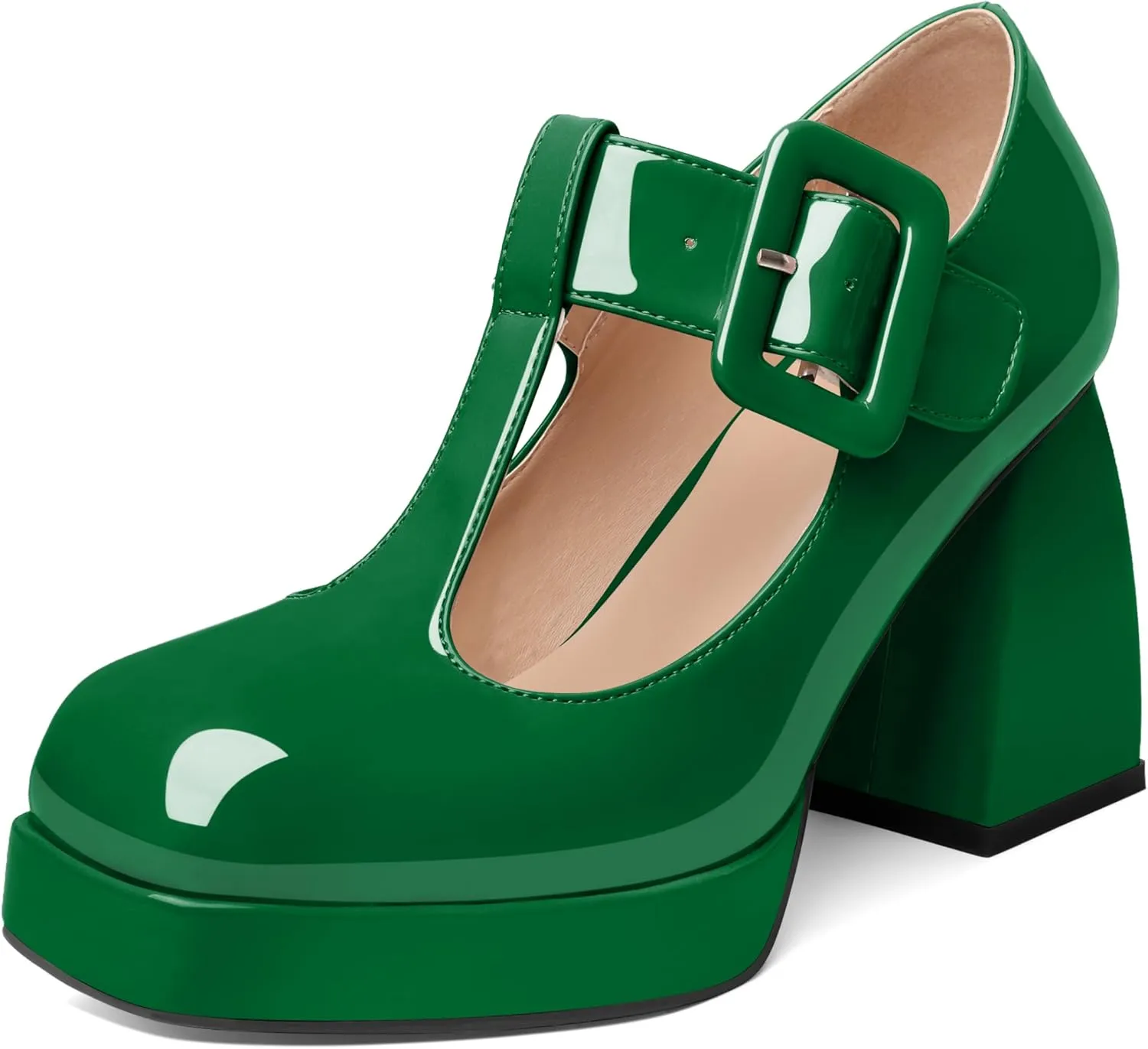 YODEKS Women's High Heels Square Toe Mary Jane Pumps Chunky Heel Platform Dress Shoes