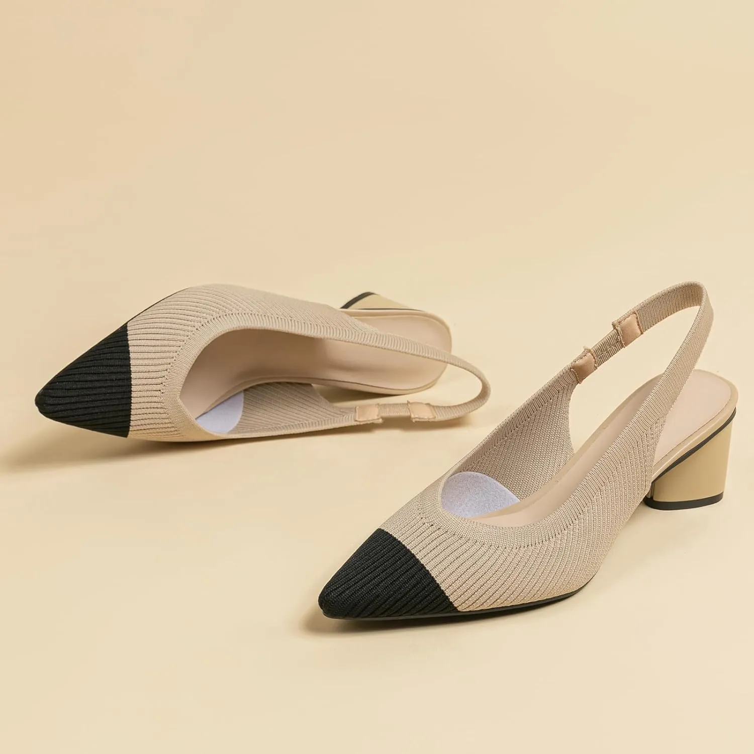 youngshow Pointed Toe Women Pumps, Comfort Slingback Heels with Arch Support, Cute Kitten Heels with Ankle Strap for Womens, Walking Office, Black