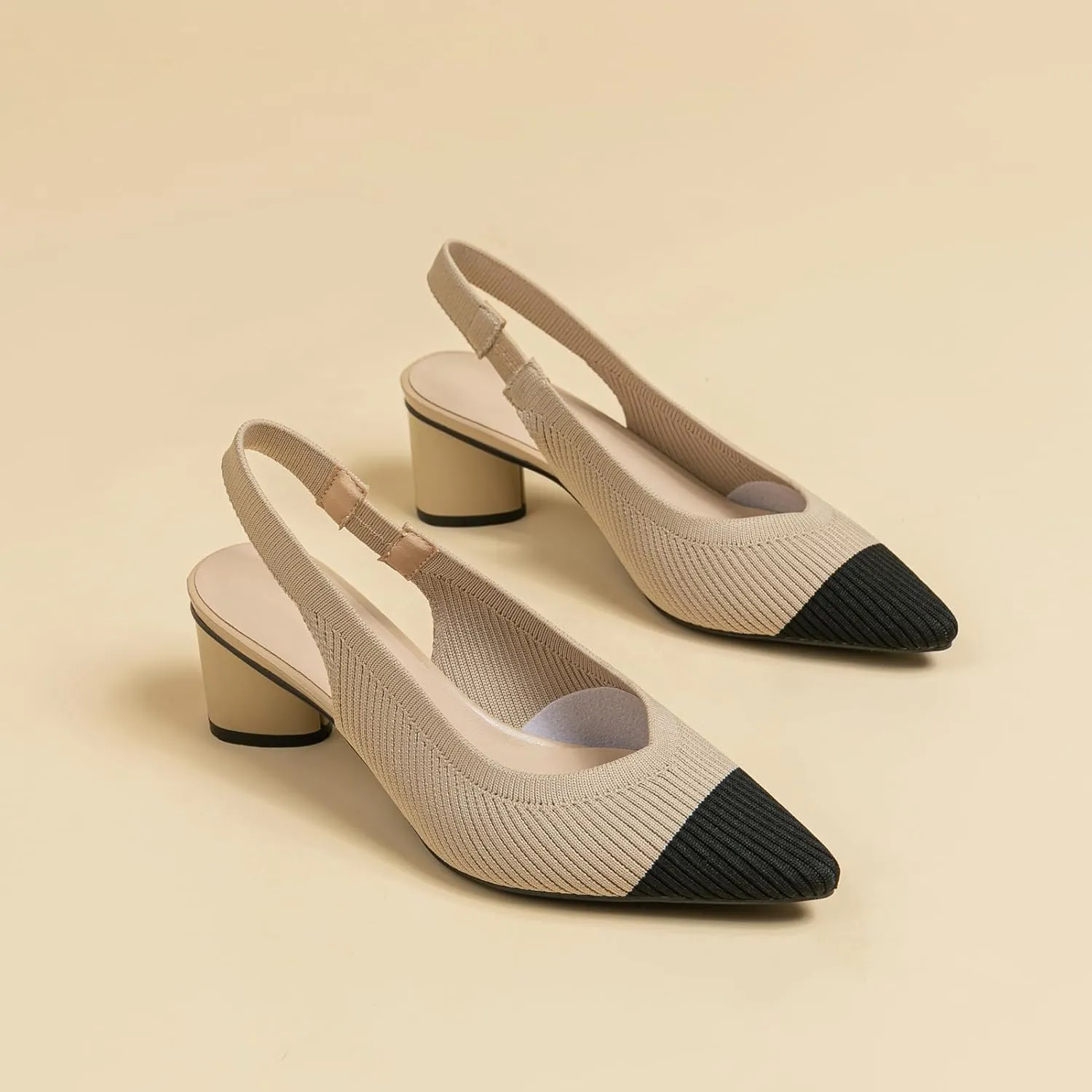 youngshow Pointed Toe Women Pumps, Comfort Slingback Heels with Arch Support, Cute Kitten Heels with Ankle Strap for Womens, Walking Office, Black
