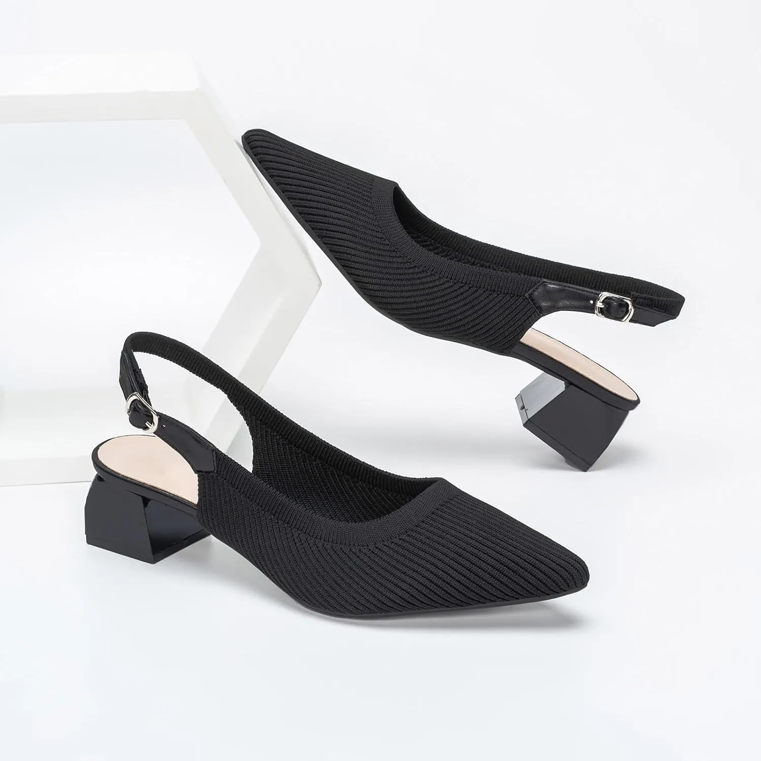 youngshow Pointed Toe Women Pumps, Comfort Slingback Heels with Arch Support, Cute Kitten Heels with Ankle Strap for Womens, Walking Office, Black