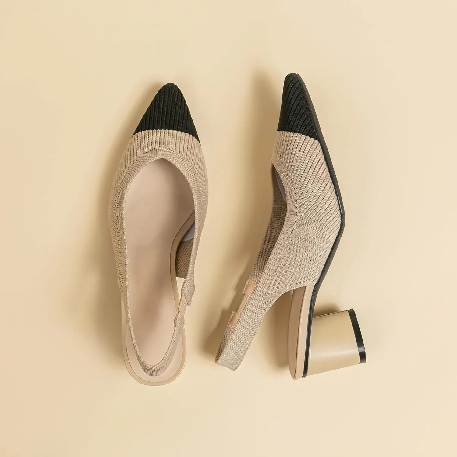 youngshow Pointed Toe Women Pumps, Comfort Slingback Heels with Arch Support, Cute Kitten Heels with Ankle Strap for Womens, Walking Office, Black
