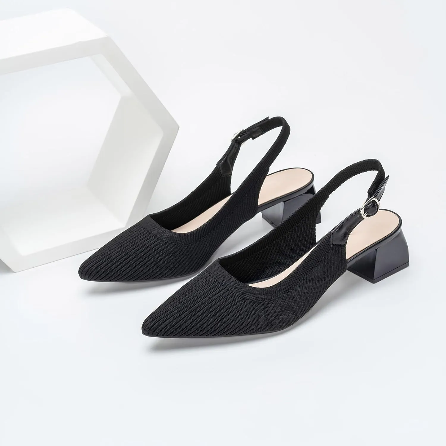 youngshow Pointed Toe Women Pumps, Comfort Slingback Heels with Arch Support, Cute Kitten Heels with Ankle Strap for Womens, Walking Office, Black