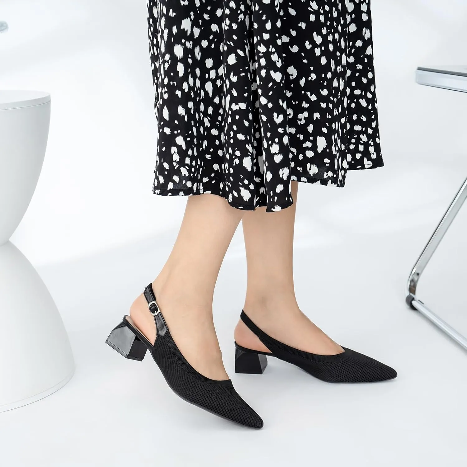 youngshow Pointed Toe Women Pumps, Comfort Slingback Heels with Arch Support, Cute Kitten Heels with Ankle Strap for Womens, Walking Office, Black